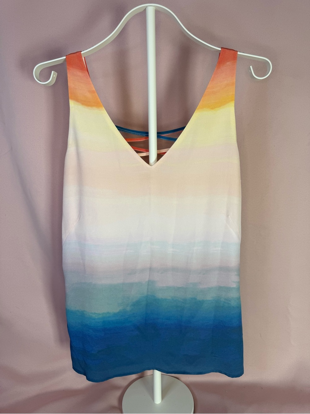 ecru - Silk Ombre Sunset V-Neck Tank Top with Strappy Back - Size S